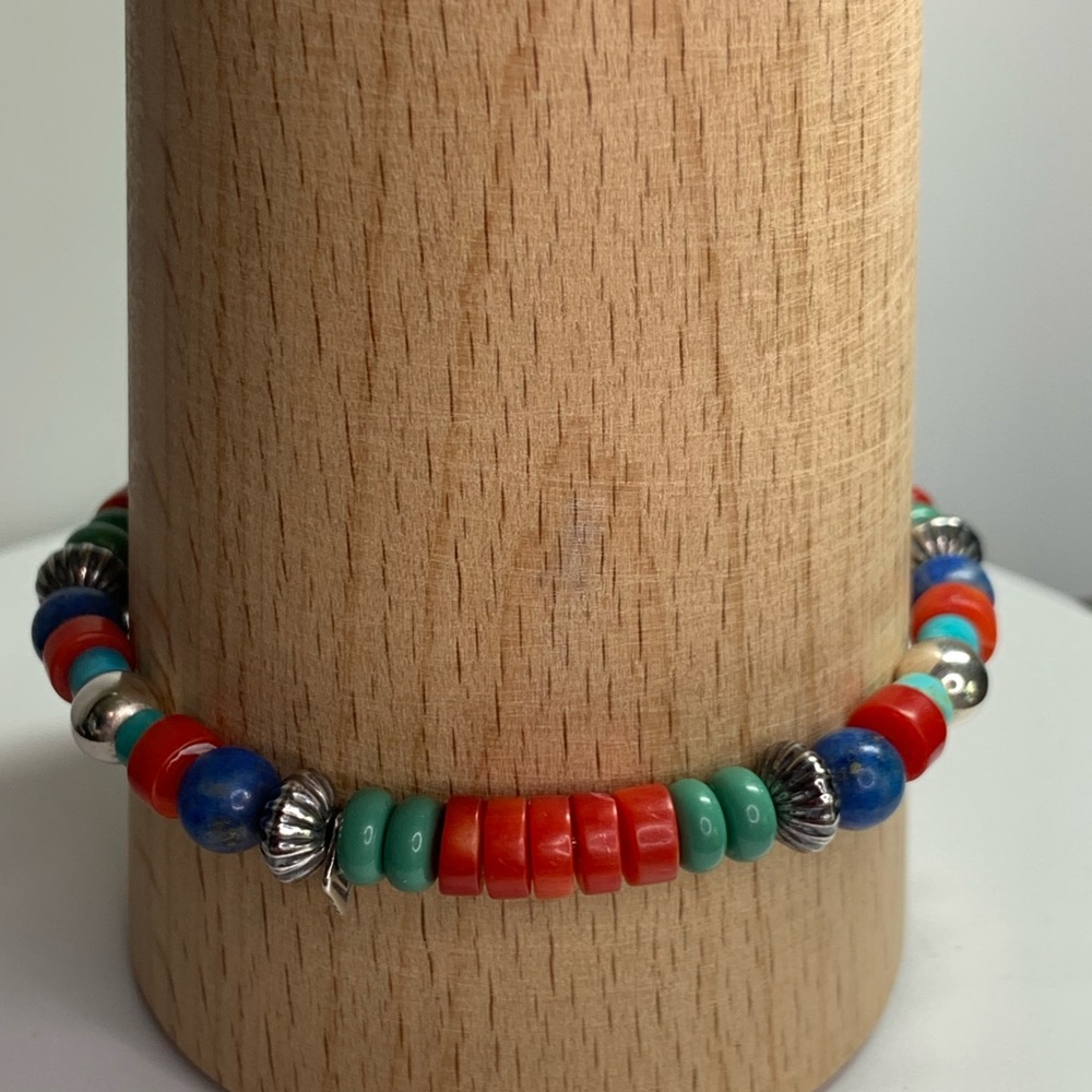 Silpada Rare HTF Sterling Silver Lapis, Red Bamboo, & Turquoise Beaded Bracelet